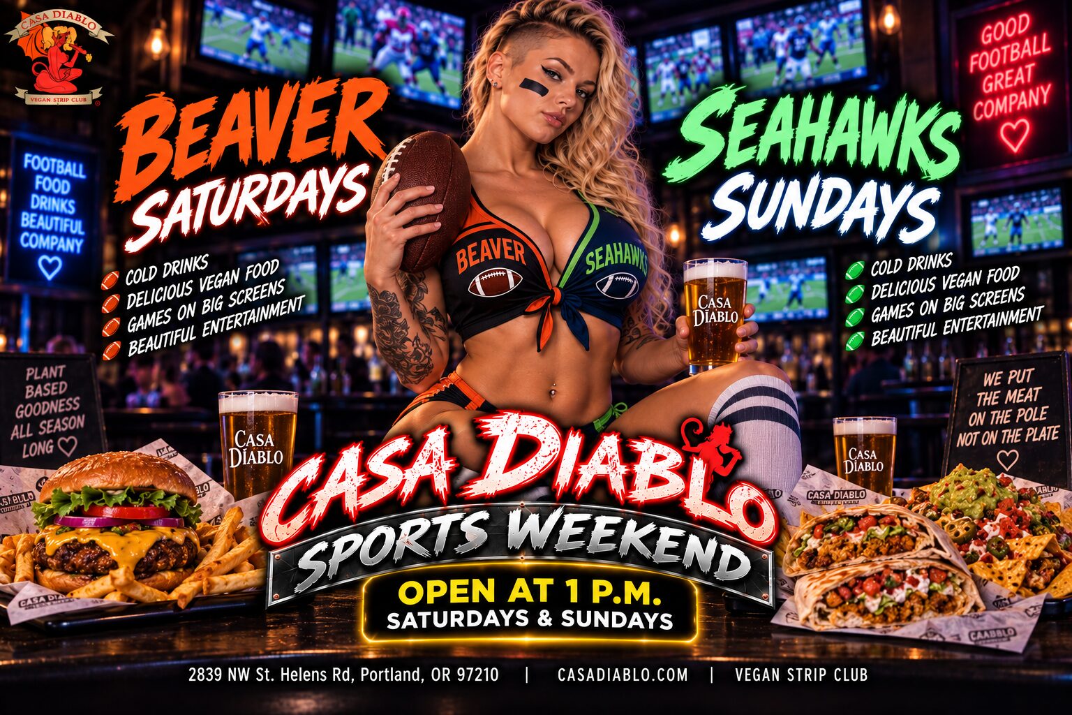 Casa Diablo Sports Weekend, Beaver Saturdays and Seahawks Sundays, open at 1 PM