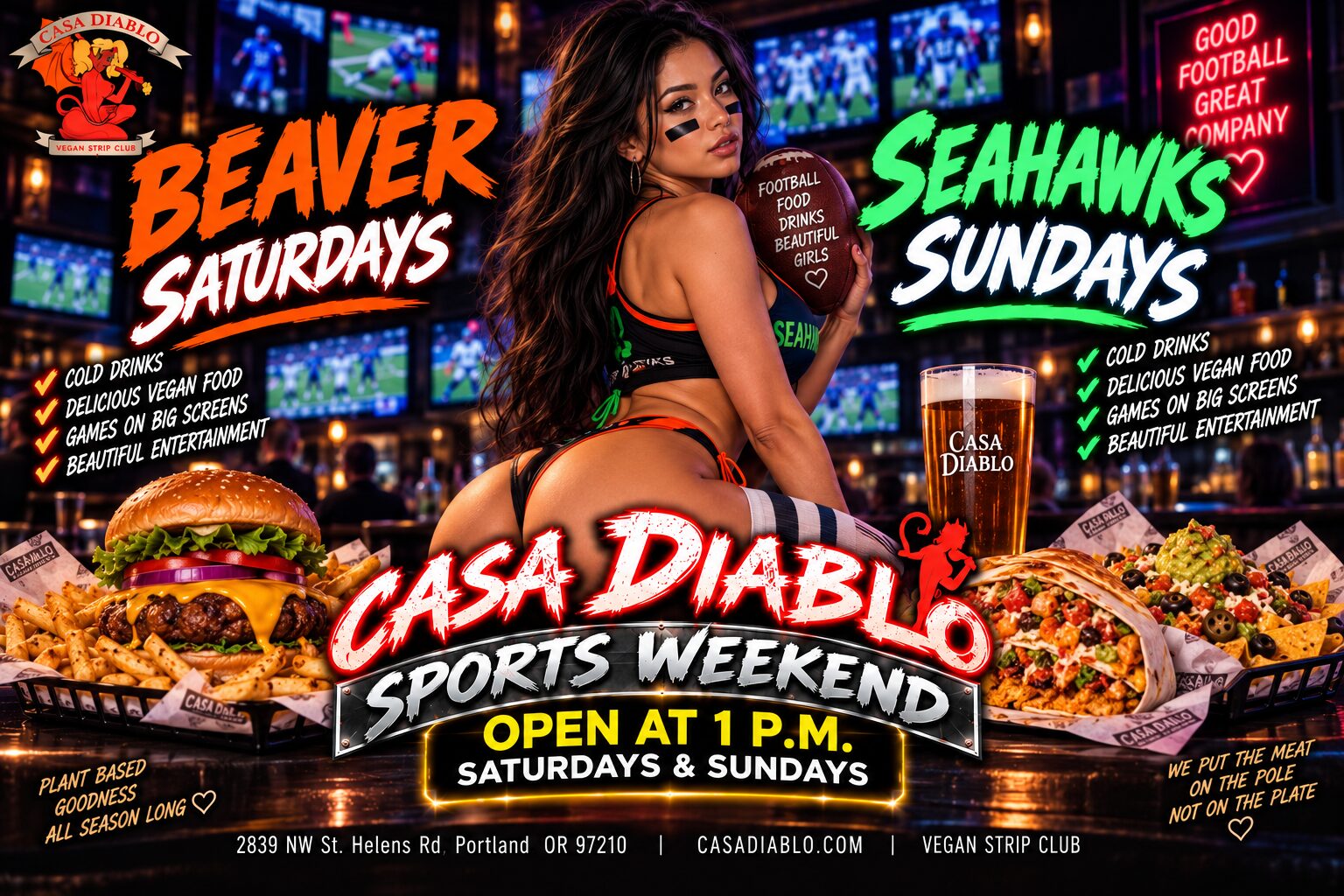 Casa Diablo Sports Weekend, Beaver Saturdays and Seahawks Sundays, open at 1 PM